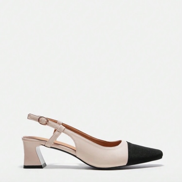 Beige and Black Two-Tone Square-Toe Block Heel Pumps Minimalist Chic - Picture 3 of 4